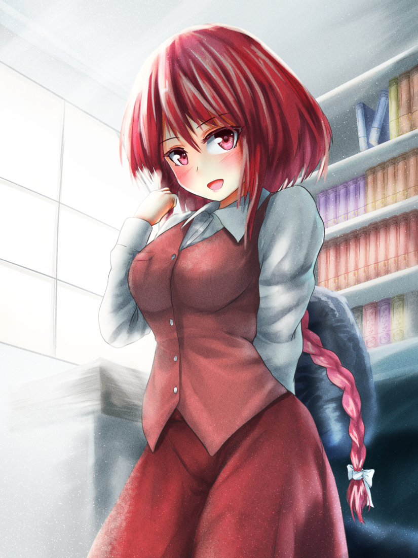 1girl blush book bookshelf bow breasts chair hair_bow long_braid long_hair looking_at_viewer medium_breasts office_chair okazaki_yumemi open_mouth papers red_eyes redhead shirt skirt smile solo teruteru12 touhou touhou_(pc-98) vest window