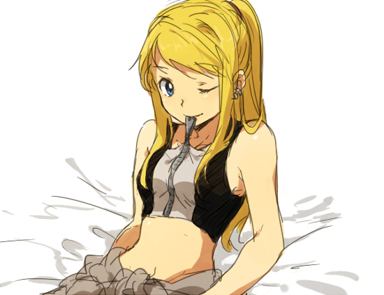 1girl ;) bare_arms bare_shoulders bed bed_sheet blonde_hair blue_eyes earrings eyebrows_visible_through_hair fullmetal_alchemist jewelry long_hair looking_at_viewer lying one_eye_closed ponytail riru simple_background smile solo_focus tank_top white_background winry_rockbell zipper