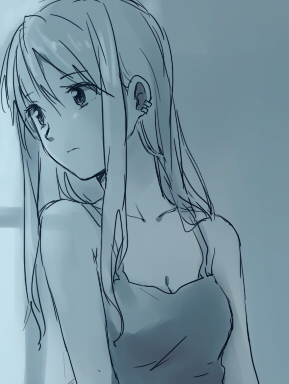 1girl bare_arms bare_shoulders earrings expressionless eyebrows_visible_through_hair fullmetal_alchemist jewelry long_hair looking_away lowres monochrome riru simple_background solo_focus winry_rockbell