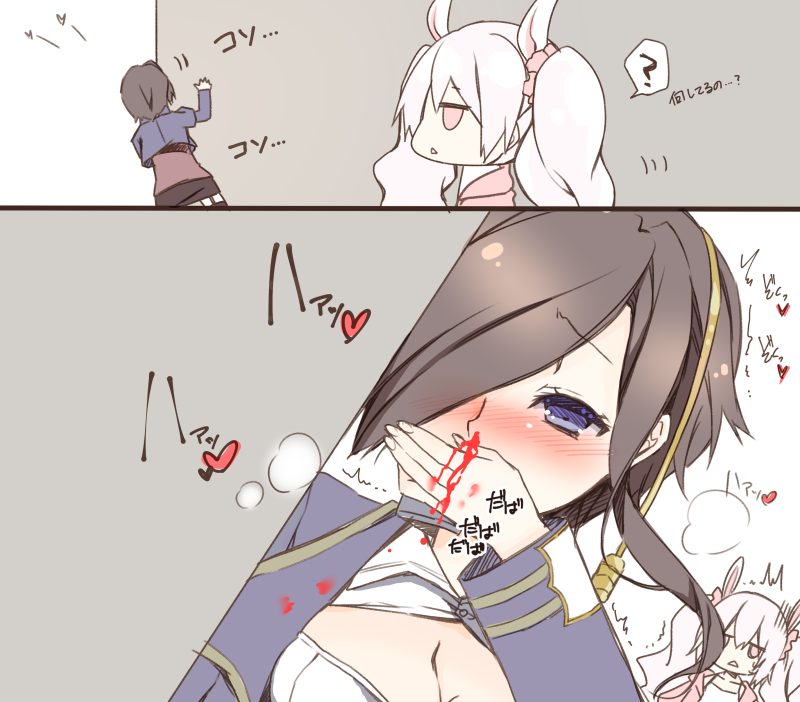 2girls 2koma ark_royal_(azur_lane) azur_lane blood blue_eyes blush breasts cleavage comic covering_mouth expressionless hair_ornament laffey_(azur_lane) military military_uniform monochrome multiple_girls nosebleed peeking_out purinko short_hair translated twintails uniform wall