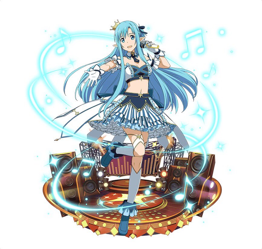 1girl arm_strap asuna_(sao-alo) beamed_quavers blue_eyes blue_footwear blue_hair blue_neckwear blue_ribbon breasts choker cleavage crop_top crown floating_hair gloves hair_ribbon holding holding_microphone idol kneehighs layered_skirt long_hair looking_at_viewer medium_breasts microphone midriff mini_crown musical_note navel one_leg_raised outstretched_arm pointy_ears ribbon short_necktie simple_background skirt solo standing standing_on_one_leg stomach strapless striped sword_art_online vertical-striped_skirt vertical_stripes very_long_hair white_background white_gloves white_legwear