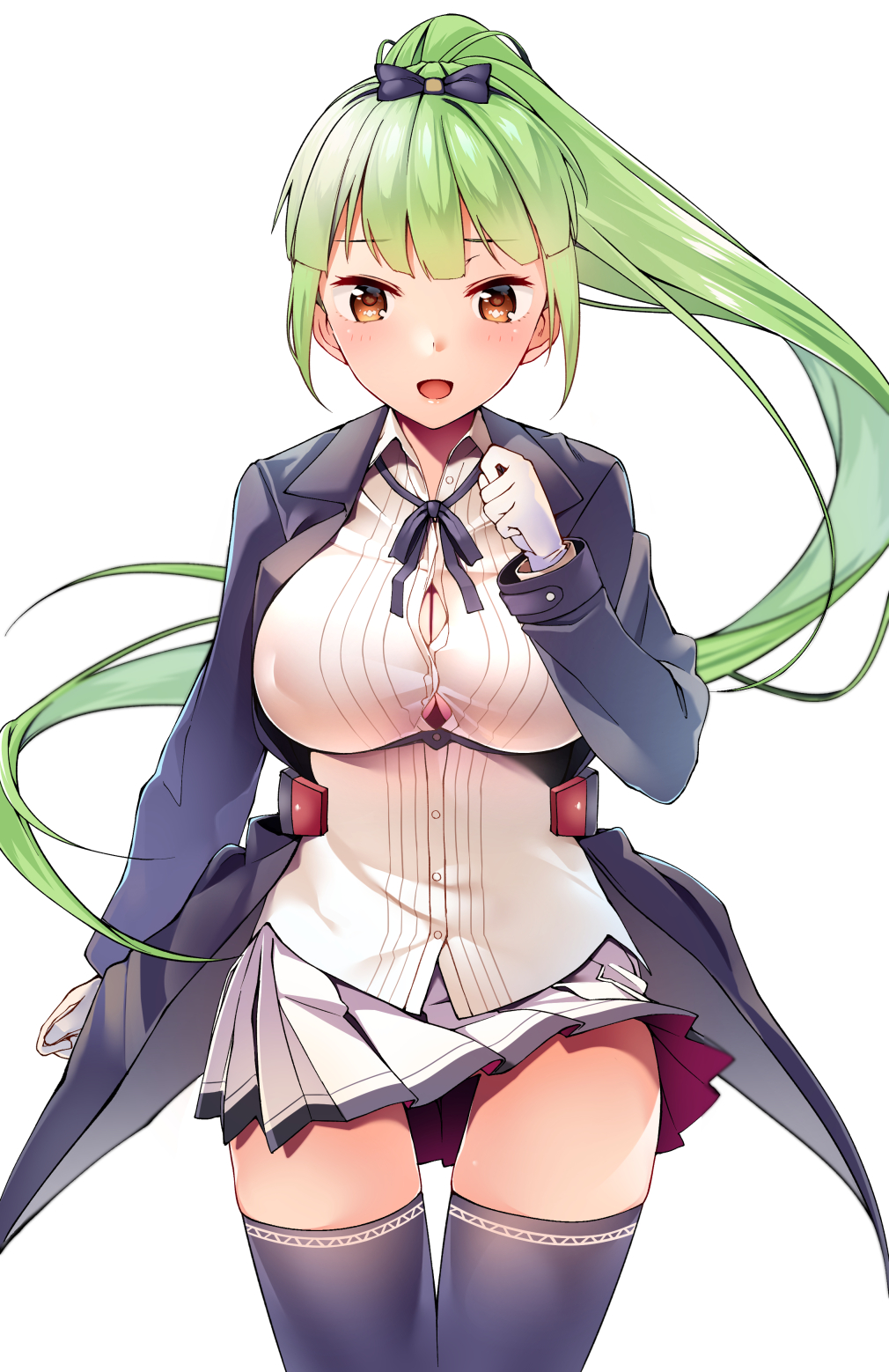 1girl azur_lane blue_legwear blush breasts brown_eyes byte_(allbyte) commentary_request gloves green_hair highres large_breasts long_hair long_sleeves looking_at_viewer miniskirt neck_ribbon pleated_skirt ribbon shropshire_(azur_lane) simple_background skirt solo thigh-highs uniform white_background white_gloves