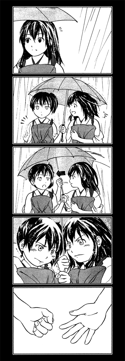 /\/\/\ 4koma :o akagi_(kantai_collection) black_border blush border closed_mouth comic eye_contact frown furoshiki greyscale highres holding holding_umbrella japanese_clothes kaga_(kantai_collection) kantai_collection kimono kodama_(chonks) long_hair looking_at_another monochrome open_mouth rain rock_paper_scissors side_ponytail tasuki trembling umbrella younger