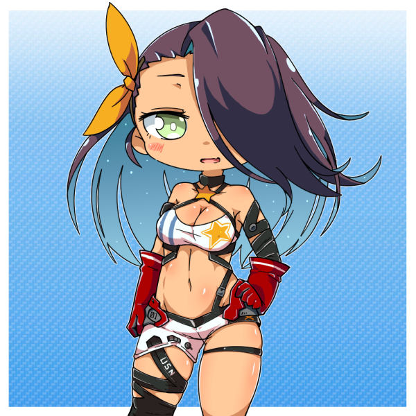 1girl anahoriya azur_lane bare_shoulders black_legwear black_neckwear blue_background blue_hair blush border breasts bright_pupils collarbone cowboy_shot dark_skin elbow_gloves eyebrows eyebrows_visible_through_hair facing_viewer fang gloves gradient gradient_background green_eyes groin hair_over_one_eye hair_ribbon halterneck hand_on_hip legs_apart long_hair looking_at_viewer medium_breasts midriff multicolored_hair navel northampton_(azur_lane) number open_mouth orange_ribbon purple_hair red_gloves ribbon shiny shiny_skin short_shorts shorts single_hair_intake single_thighhigh skindentation solo standing star stomach taut_clothes thigh-highs tongue two-tone_hair white_border white_pupils white_shorts zettai_ryouiki