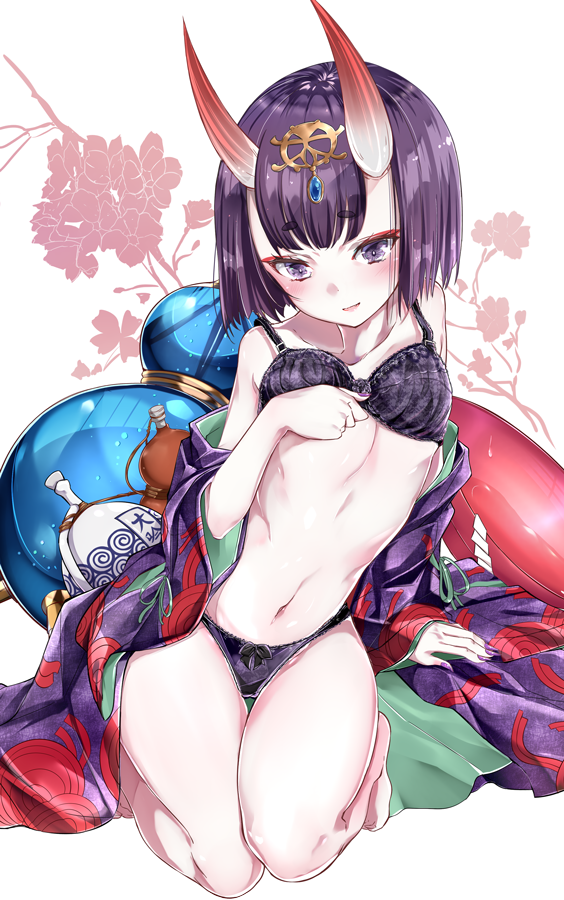 1girl bangs bare_arms bare_legs barefoot blunt_bangs bow bow_panties bra collarbone eyebrows_visible_through_hair fate/grand_order fate_(series) floral_background full_body gourd headpiece horns japanese_clothes kengorou_saemon_ii_sei kimono kneeling lace lace-trimmed_bra lace-trimmed_panties navel oni oni_horns panties purple_bra purple_hair purple_kimono purple_panties short_eyebrows short_hair shuten_douji_(fate/grand_order) smile solo stomach thick_eyebrows thigh_gap underwear underwear_only violet_eyes white_background