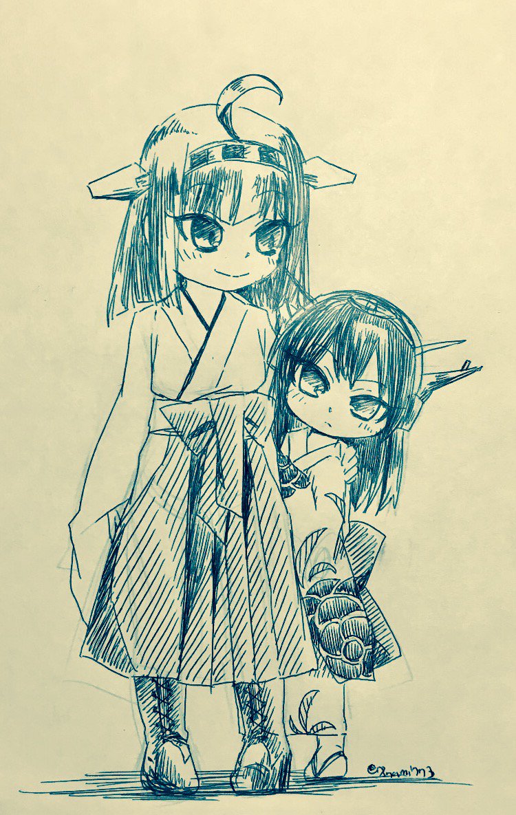 2girls ahoge alternate_costume bangs behind_another blunt_bangs blush boots closed_eyes commentary cross-laced_footwear eyebrows_visible_through_hair floral_print full_body furisode hairband hakama hand_on_another's_shoulder headgear hip_vent japanese_clothes kantai_collection kimono kongou_(kantai_collection) lace-up_boots long_hair long_sleeves medium_hair monochrome multiple_girls nagato_(kantai_collection) nami_nami_(belphegor-5812) sandals shadow smile straight_hair traditional_media twitter_username wide_sleeves younger