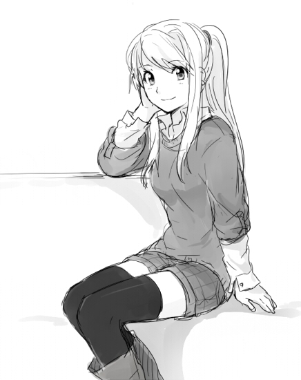 1girl bangs boots earrings eyebrows_visible_through_hair fullmetal_alchemist greyscale hand_on_own_cheek jewelry long_hair long_sleeves looking_at_viewer monochrome ponytail riru shorts simple_background sitting smile solo_focus thigh-highs white_background winry_rockbell