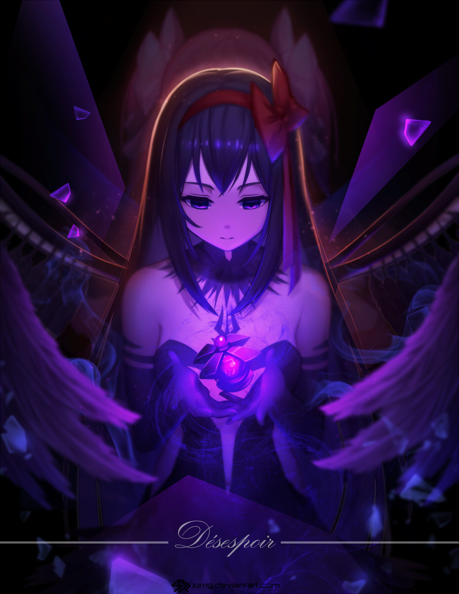 2girls akemi_homura akuma_homura back-to-back black_dress black_gloves black_hair bow dark_background dress feathered_wings gloves glowing goddess_madoka hair_bow hair_ribbon highres jurrig kaname_madoka long_hair mahou_shoujo_madoka_magica mahou_shoujo_madoka_magica_movie multiple_girls pink_hair ribbon solo_focus soul_gem wings