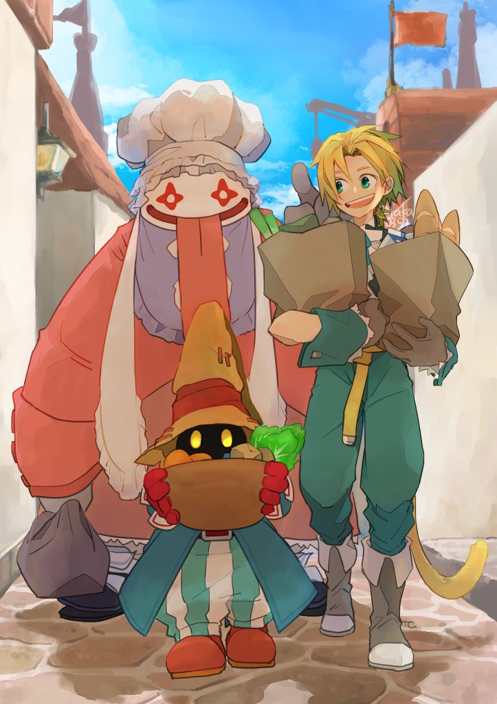 1other 2boys artist_name bag baguette belt_buckle bib black_mage blonde_hair blue_coat blue_sky boots bowl bread buckle chef_hat coat cobblestone final_fantasy final_fantasy_ix flag food full_body gloves green_pants grey_footwear grey_gloves groceries grocery_bag hat holding holding_bag holding_bowl male_focus monkey_tail multiple_boys open_mouth outdoors pants parted_bangs pink_coat quina_quen red_footwear red_gloves shopping_bag short_hair sky smile spring_onion striped striped_pants tail takase_toho tongue tongue_out vivi_ornitier walking wizard_hat wrist_cuffs yellow_eyes zidane_tribal