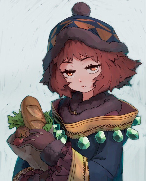 1girl bag bangs bread brown_eyes brown_gloves brown_hair closed_mouth eyebrows_visible_through_hair food fur_trim gem gloves grey_background groceries grocery_bag hat jitome long_sleeves looking_at_viewer reiesu_(reis) robe rune_master_(sekaiju) sekaiju_no_meikyuu sekaiju_no_meikyuu_4 shopping_bag short_hair solo tomato upper_body wide_sleeves winter_clothes