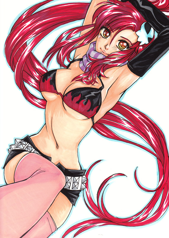 1girl belt bikini_top hair_ornament lacucacaracha pink_legwear ponytail redhead scarf short_shorts shorts skull_hair_ornament solo studded_belt studded_bracelet tengen_toppa_gurren_lagann traditional_media yoko_littner