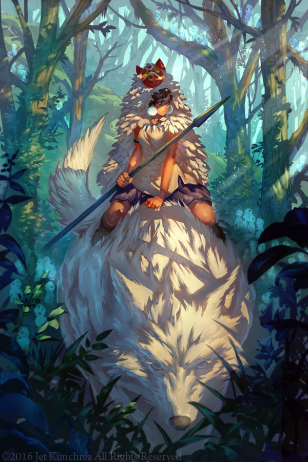 1girl 2016 animal armband artist_name black_hair boots cloak dappled_sunlight earrings forest holding holding_weapon jet_kimchrea jewelry mask mask_on_head mononoke_hime nature oversized_animal polearm riding san skirt sleeveless solo_focus spear sunlight tooth_necklace warrior weapon wolf