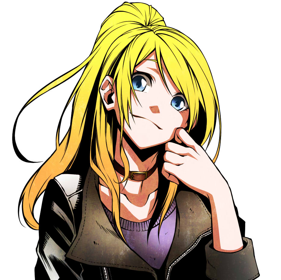 1girl ayase_eli bangs belt_collar black_jacket blonde_hair blue_eyes choker closed_mouth hand_up jacket leather leather_jacket long_hair long_sleeves looking_at_viewer love_live! love_live!_school_idol_project ponytail purple_shirt shirt simple_background smile solo vice_(kuronekohadokoheiku) white_background