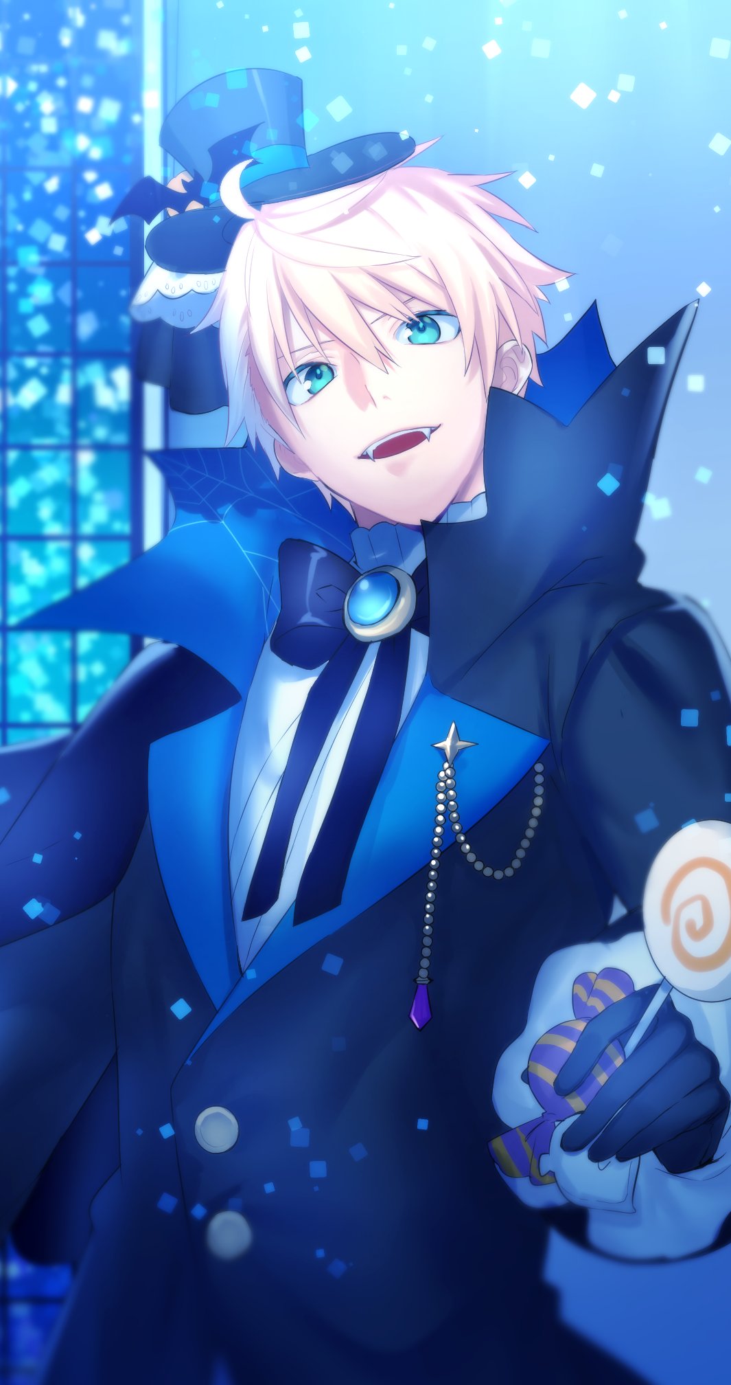 1boy aqua_eyes blonde_hair bow bowtie candy fangs fate/grand_order fate/prototype fate_(series) food halloween halloween_costume hat highres lollipop looking_at_viewer male_focus mini_hat mini_top_hat saber_(fate/prototype) seseragi_azuma smile solo top_hat vampire