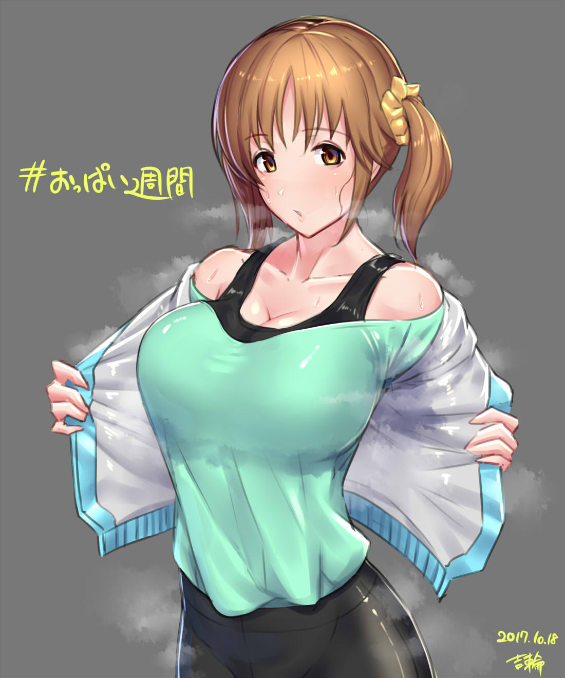 1girl artist_name bare_shoulders breasts brown_eyes brown_hair cleavage collarbone dated grey_background highres hot idolmaster idolmaster_cinderella_girls looking_at_viewer simple_background solo sportswear sweat sweat_stain sweating totoki_airi twintails yoshiwa_tomo