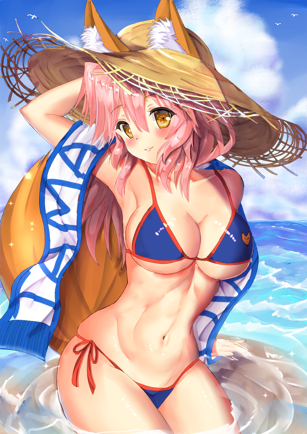 1girl animal_ears bikini blue_bikini blush breasts cleavage closed_mouth cowboy_shot day ears_through_headwear fate/grand_order fate_(series) fox_ears fox_tail hair_between_eyes highres large_breasts long_hair looking_at_viewer mogupuchi navel ocean pink_hair smile solo stomach swimsuit tail tamamo_(fate)_(all) tamamo_no_mae_(swimsuit_lancer)_(fate) wading yellow_eyes