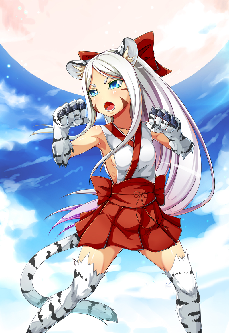 1girl animal_ears bangs bare_shoulders blue_eyes blue_sky blush breasts cat_ears cat_tail claws clenched_teeth clouds cloudy_sky day dream_demon eyebrows_visible_through_hair facial_mark fangs feet_out_of_frame fighting_stance fur gradient_hair hair_ribbon japanese_clothes long_hair monster_girl multicolored_hair open_mouth original outdoors parted_bangs pleated_skirt purple_hair red_ribbon red_skirt ribbon sash skirt sky small_breasts solo spiked_knuckles standing striped tail teeth tiger_ears tiger_tail v-shaped_eyebrows very_long_hair vest whisker_markings white_hair
