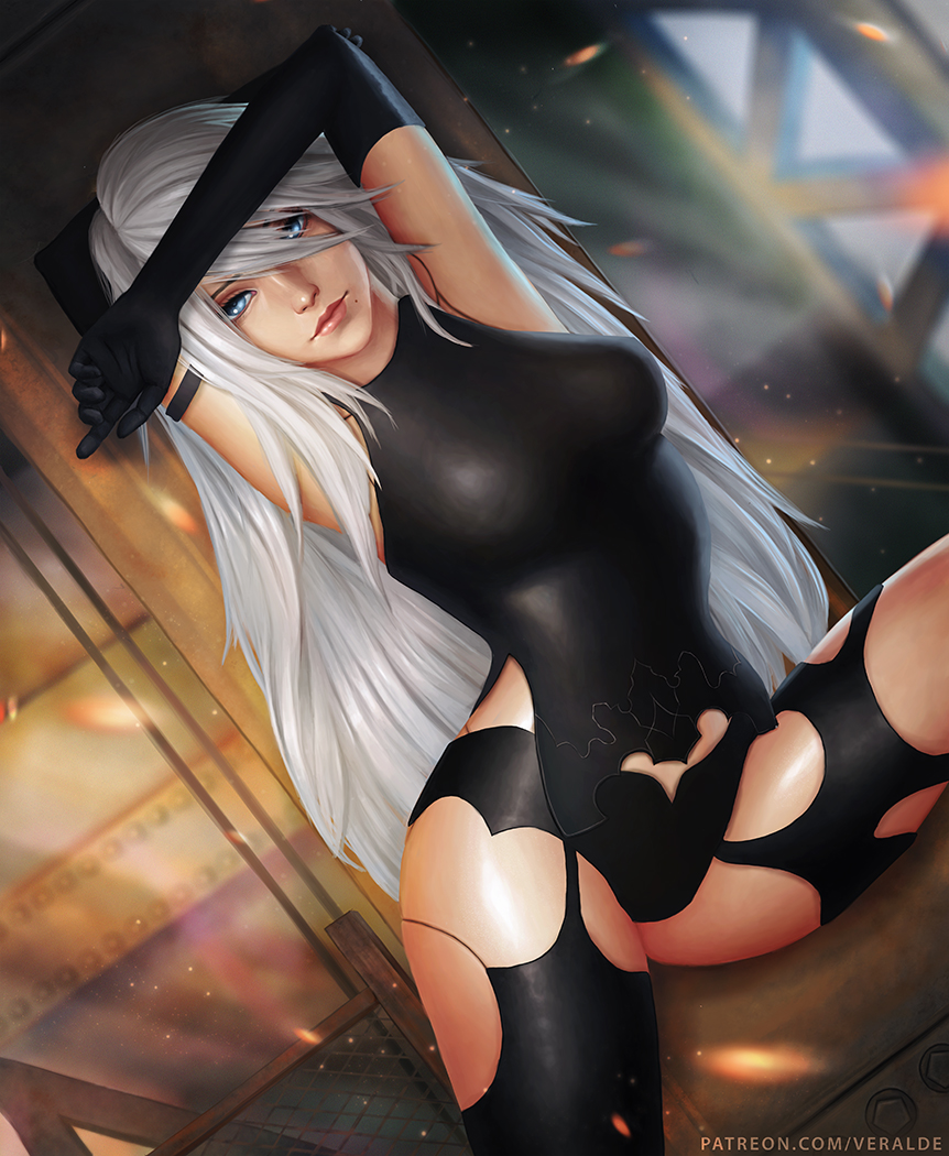 1girl android arms_up black_gloves black_legwear blue_eyes breasts elbow_gloves gloves hair_between_eyes long_hair looking_at_viewer medium_breasts mole mole_under_mouth nier_(series) nier_automata robot_joints silver_hair sleeveless solo tank_top thigh-highs veralde watermark web_address yorha_type_a_no._2