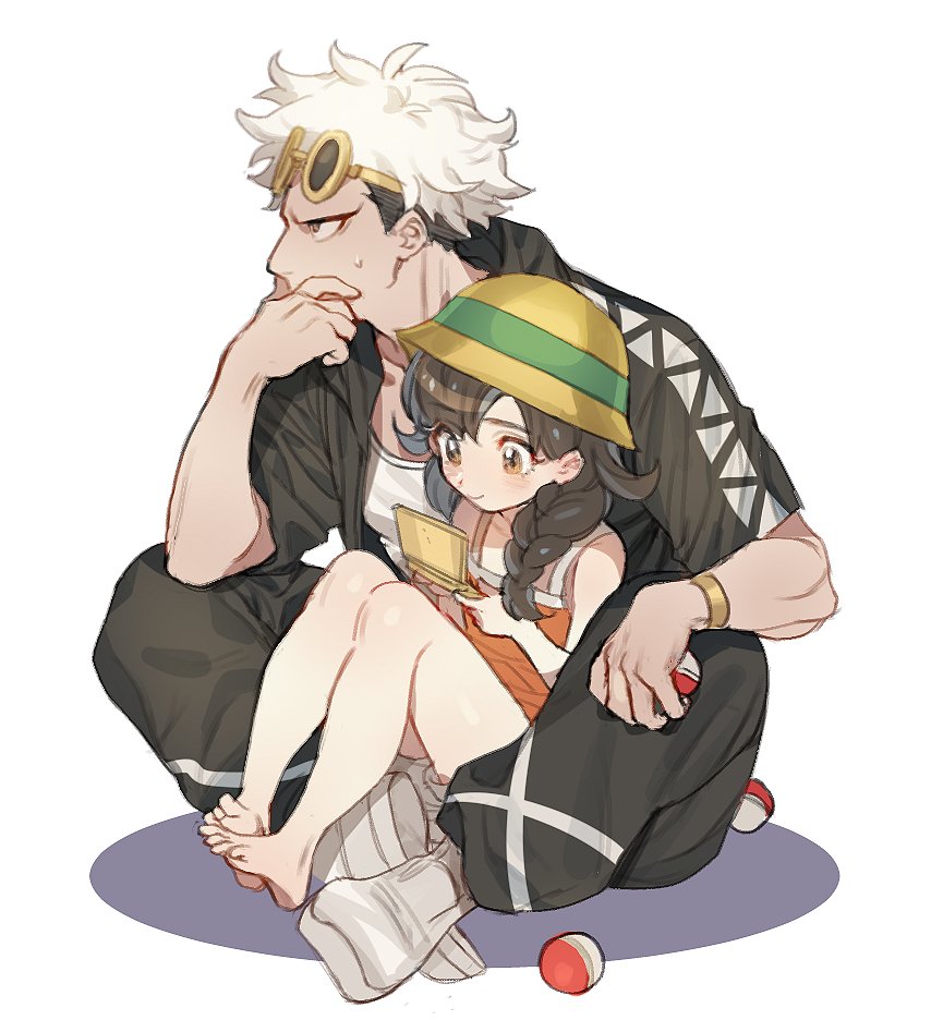 1boy 1girl barefoot black_hair blush braid covering_mouth eyewear_on_head feet full_body guzma_(pokemon) handheld_game_console hat mizuki_(pokemon_ultra_sm) nintendo_3ds open_clothes pants playing_games poke_ball pokemon pokemon_(game) pokemon_ultra_sm shoes short_sleeves shorts sitting sitting_on_lap sitting_on_person smile sneakers sun_hat sweatdrop tank_top team_skull track_pants white_hair zuizi