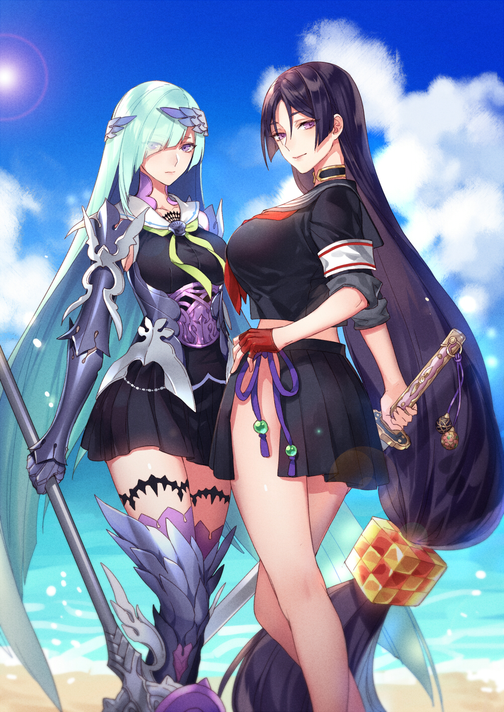 2girls aqua_hair armor bangs beach black_dress black_neckwear black_sailor_collar black_serafuku black_shirt black_skirt blue_sky boots breasts choker closed_mouth clouds dress eyebrows_visible_through_hair eyes_visible_through_hair fate/grand_order fate_(series) fingerless_gloves gauntlets gloves hair_between_eyes highres holding holding_sword holding_weapon kangetsu_(fhalei) lancer_(fate/prototype_fragments) large_breasts long_hair looking_at_viewer low-tied_long_hair minamoto_no_raikou_(fate/grand_order) multiple_girls ocean open_clothes open_skirt outdoors pleated_skirt purple_hair red_gloves sailor_collar sailor_dress sash school_uniform serafuku shirt skirt sky smile sun sword thigh-highs very_long_hair violet_eyes water weapon white_sailor_collar