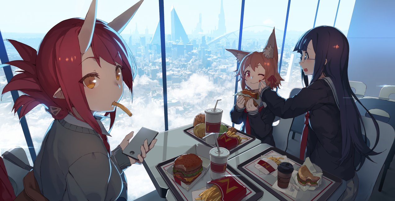 3girls animal_ears black_serafuku black_shirt blue_eyes blush cardigan cellphone chair cityscape eyebrows_visible_through_hair food fox_ears french_fries hamburger holding holding_food holding_phone horns indoors izumi_sai long_hair long_sleeves looking_at_viewer looking_to_the_side mouth_hold multiple_girls necktie one_eye_closed oni_horns orange_hair original phone pointy_ears purple_hair red_eyes red_neckwear redhead sailor_collar school_uniform serafuku shirt sitting smartphone smile table tied_hair tray white_sailor_collar window wiping_mouth worried yellow_eyes