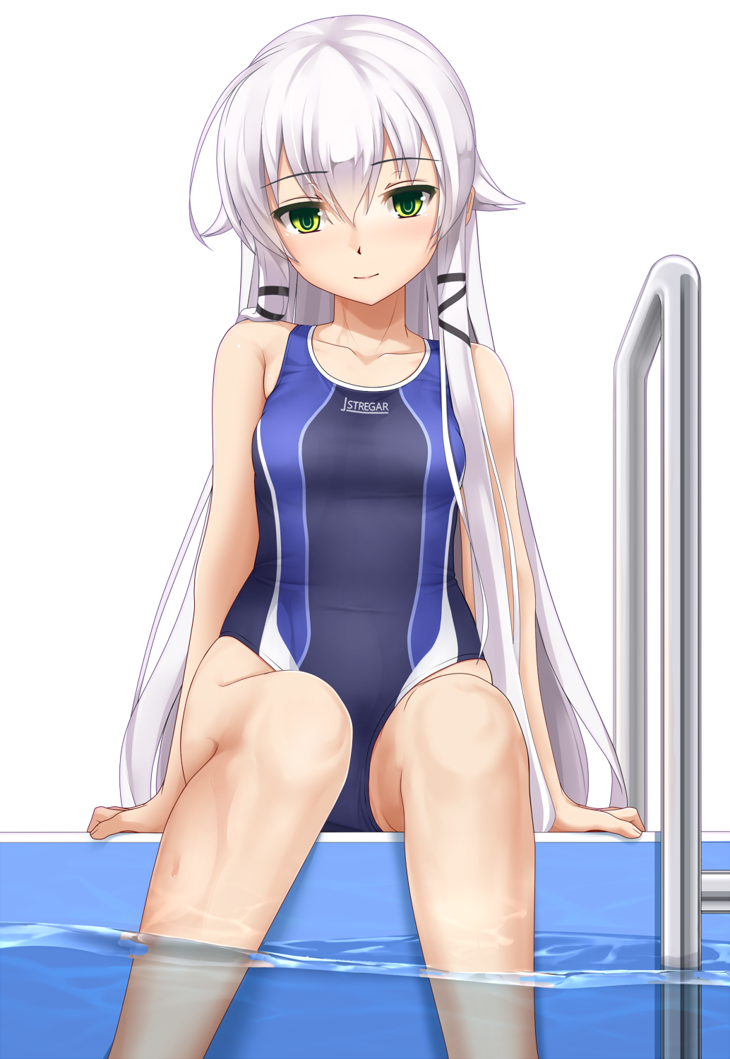 1girl altina_orion arm_at_side bare_arms bare_legs bare_shoulders barefoot black_ribbon blush breasts closed_mouth competition_swimsuit eiyuu_densetsu eto eyebrows_visible_through_hair green_eyes hair_ribbon highres long_hair looking_at_viewer one-piece_swimsuit partially_underwater_shot pool_ladder poolside ribbon sen_no_kiseki sen_no_kiseki_2 silver_hair simple_background small_breasts smile soaking_feet solo swimsuit toenails toes very_long_hair water white_background