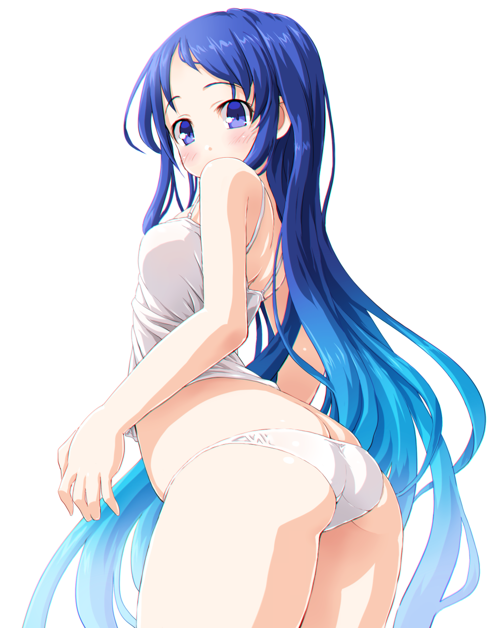 1girl aqua_hair arched_back ass blue_eyes blue_hair blush breasts butt_crack camisole cowboy_shot dd_(ijigendd) facing_viewer from_side gradient_hair highres kantai_collection long_hair looking_at_viewer multicolored_hair panties samidare_(kantai_collection) simple_background small_breasts solo string_panties two-tone_hair underwear underwear_only very_long_hair white_background white_panties