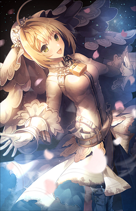 1girl ahoge bangs belt blonde_hair blurry blush bodysuit breasts bridal_veil chains closed_mouth depth_of_field dutch_angle eyebrows_visible_through_hair fate/extra fate/extra_ccc fate_(series) flower gloves green_eyes hair_flower hair_intakes hair_ornament hand_up light_smile lock looking_at_viewer medium_breasts open_mouth padlock revision saber_bride saber_extra short_hair_with_long_locks showgirl_skirt smile solo veil white_bodysuit white_flower white_gloves yunohito