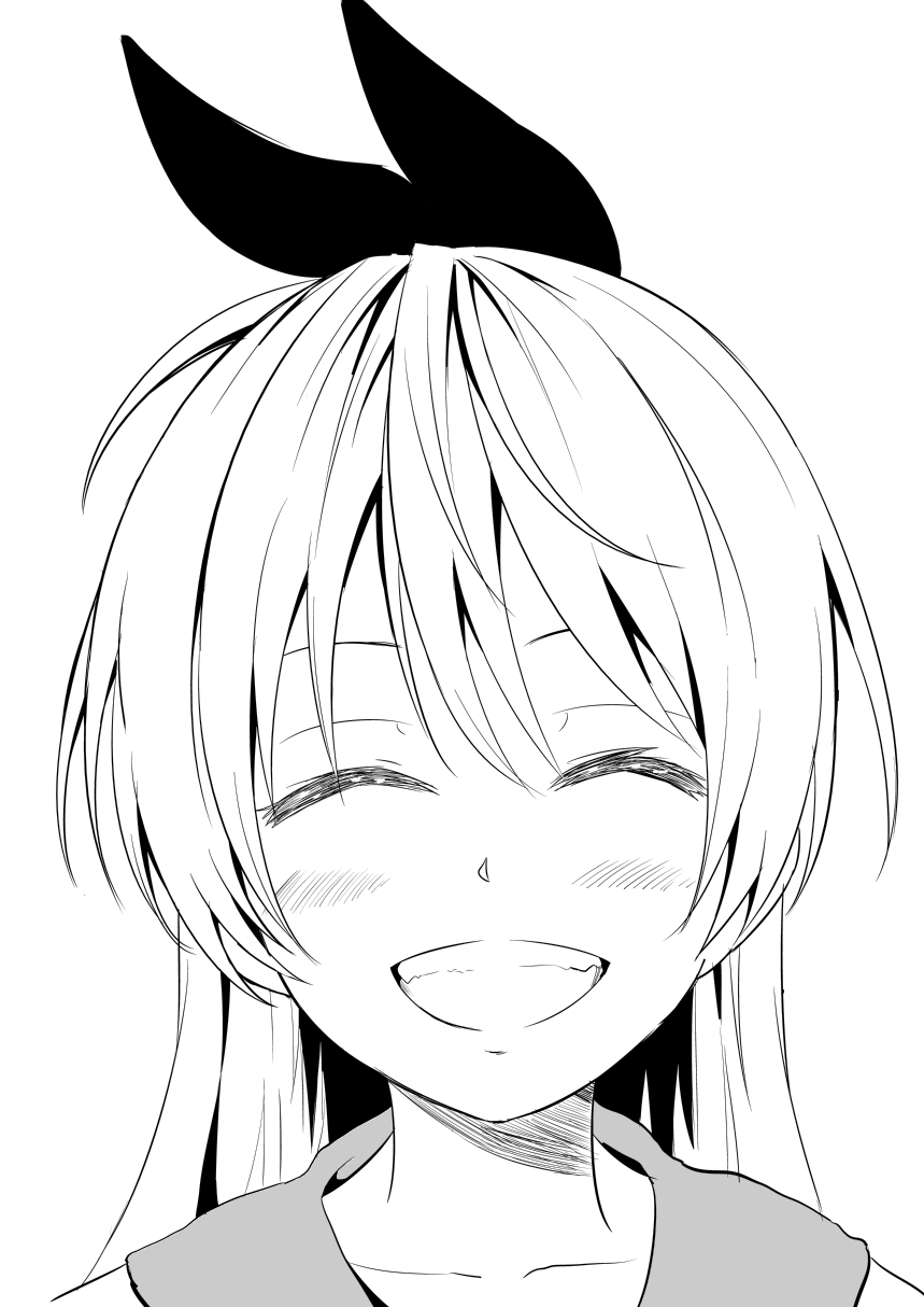 1girl :d attsun_(atsushi_jb) blush bow close-up closed_mouth face facing_viewer greyscale hair_between_eyes hair_bow highres kirisaki_chitoge monochrome nisekoi open_mouth sailor_collar school_uniform serafuku simple_background smile solo white_background
