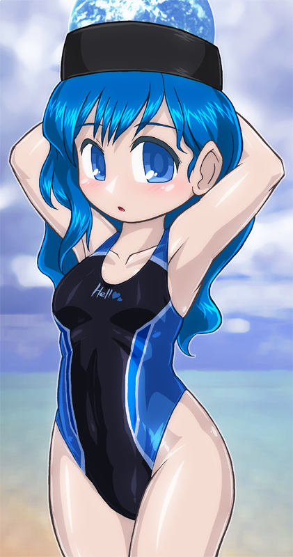 1girl arms_behind_head black_swimsuit blue_eyes blue_hair competition_swimsuit cowboy_shot earth_(ornament) hecatia_lapislazuli looking_at_viewer one-piece_swimsuit open_mouth polos_crown solo standing swimsuit touhou winn