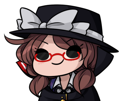 1girl bow brown_hair capelet chibi commentary eyelashes glasses hat hat_bow looking_at_viewer low_twintails lowres red-framed_eyewear simple_background smile solid_circle_eyes solo speckticuls touhou twintails usami_sumireko white_background