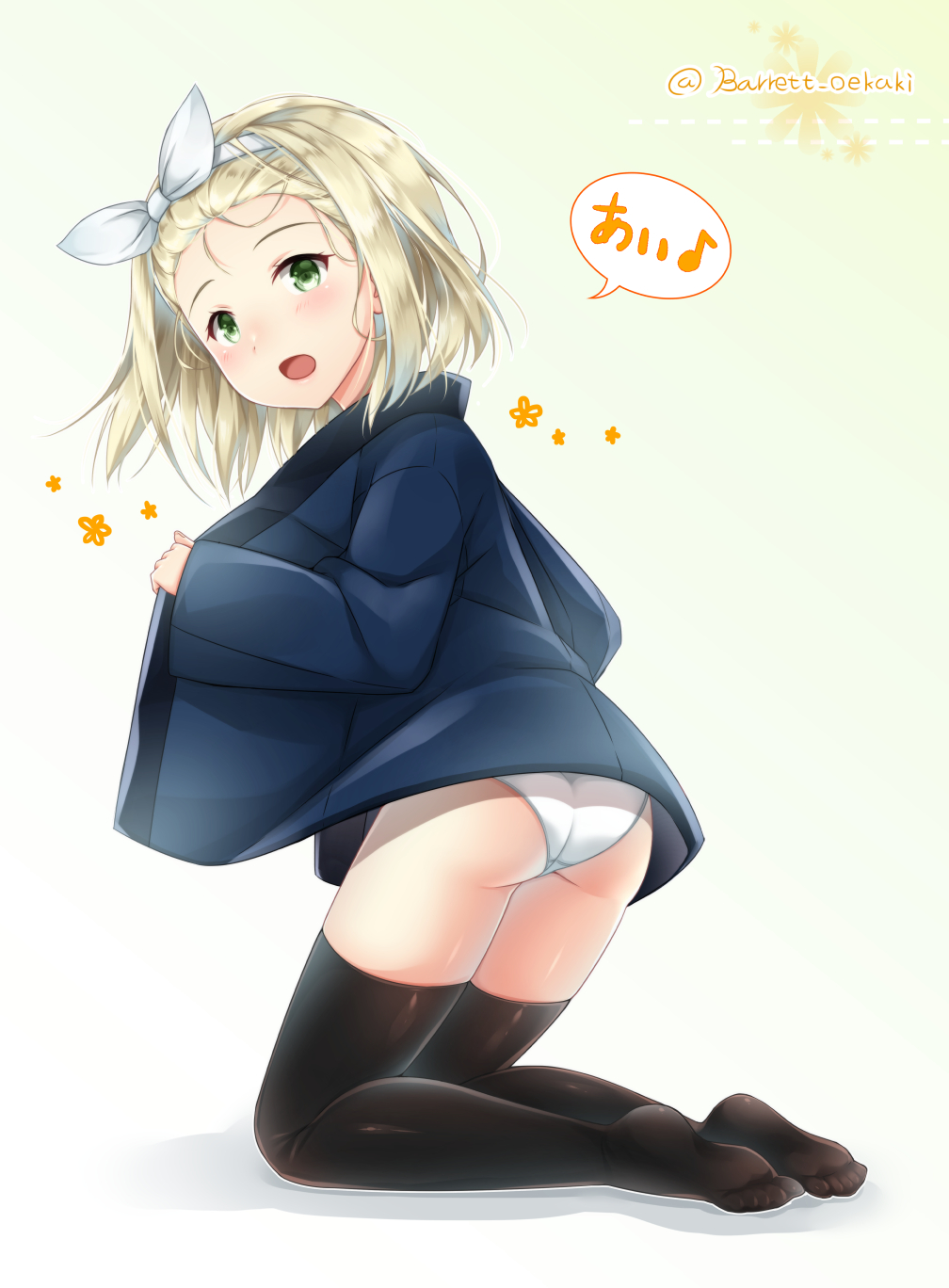 1girl :d adjusting_clothes ass baretto_(firearms_1) black_legwear blonde_hair commentary_request green_eyes hairband hanten_(clothes) highres kantai_collection kneeling looking_at_viewer luigi_torelli_(kantai_collection) open_mouth school_swimsuit short_hair simple_background smile solo swimsuit thigh-highs translation_request twitter_username white_school_swimsuit white_swimsuit