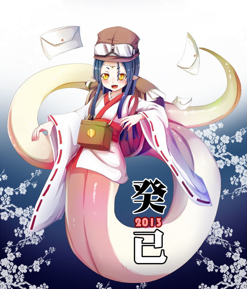 1girl 2013 :d blonde_hair blush circlet dream_demon goggles goggles_on_head hat japanese_clothes kimono lamia letter long_hair long_sleeves looking_at_viewer miko monster_girl open_mouth original pointy_ears sash smile solo v-shaped_eyebrows wide_sleeves yellow_eyes