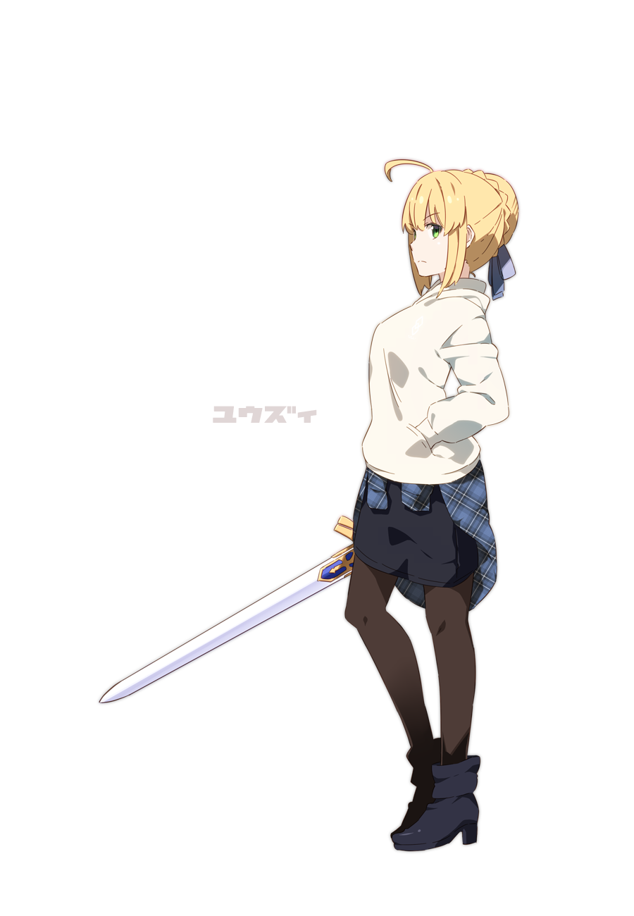 1girl ahoge artoria_pendragon_(all) blonde_hair casual fate/grand_order fate/stay_night fate_(series) green_eyes hair_bun highres long_hair looking_at_viewer pantyhose saber skirt smile sword very_long_hair weapon yuuzii