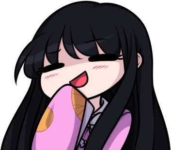 1girl :d =_= black_hair chibi closed_eyes commentary hand_to_own_mouth houraisan_kaguya japanese_clothes kimono long_hair long_sleeves lowres open_mouth simple_background smile smug solo speckticuls touhou white_background wide_sleeves