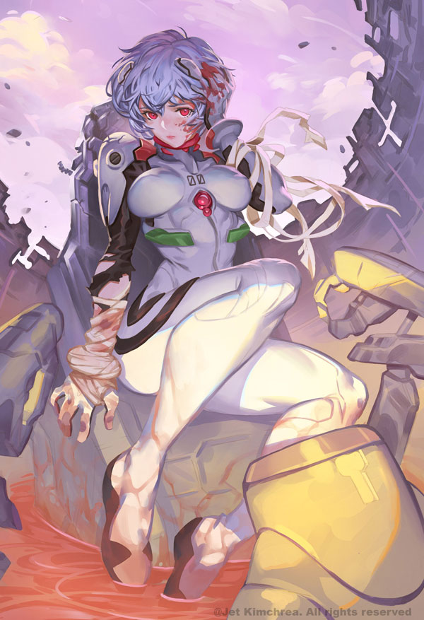 1girl ayanami_rei bandage blood blood_on_face bloody_hand blue_hair breasts cockpit hairpods injury jet_kimchrea medium_breasts neon_genesis_evangelion plugsuit red_eyes short_hair skin_tight solo torn_clothes