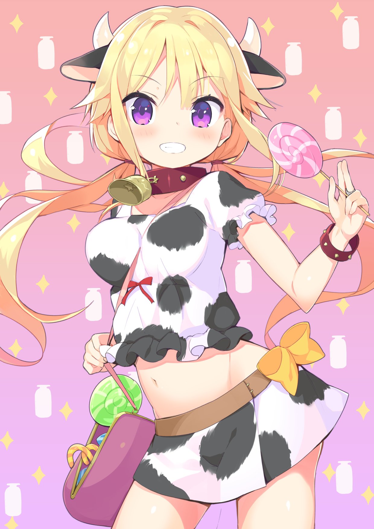 1girl animal_ears animal_print bag bell bell_collar belt between_breasts blonde_hair candy character_request collar commentary_request copyright_request cow_ears cow_girl cow_horns cow_print cowboy_shot extra_ears eyebrows_visible_through_hair food grin highres horns lollipop long_hair looking_at_viewer low_twintails midriff miniskirt navel print_shirt print_skirt puffy_short_sleeves puffy_sleeves shirt short_sleeves skirt smile solo strap_cleavage swirl_lollipop tam-u twintails violet_eyes wristband