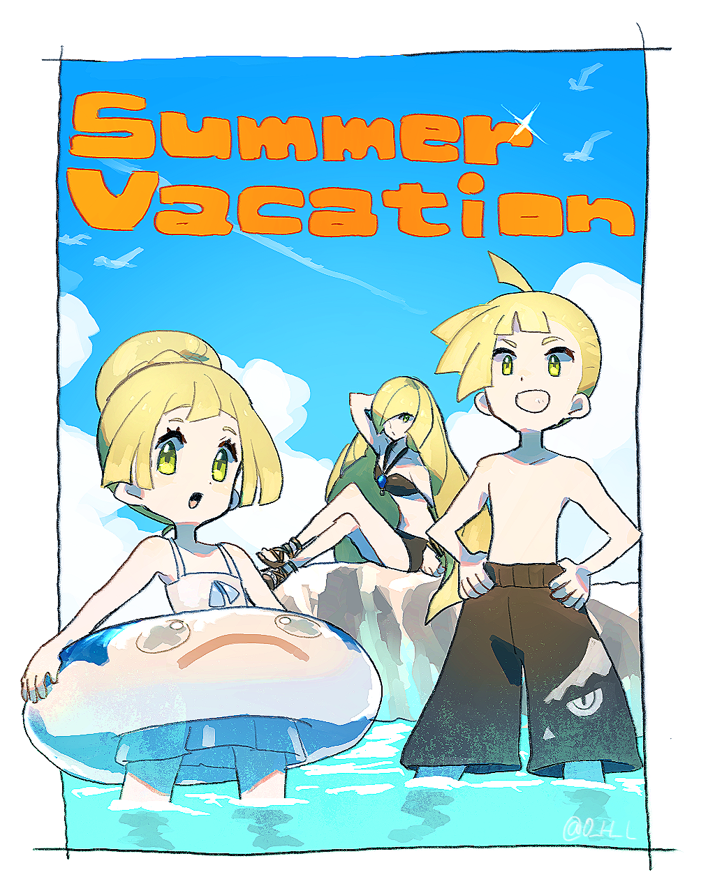 2girls beach bikini black_bikini blonde_hair blue_sky brother_and_sister child day family gladio_(pokemon) green_eyes high_heels highres innertube koutetsu_(fe_steel_stone) lillie_(pokemon) looking_at_viewer lusamine_(pokemon) male_swimwear mother_and_daughter mother_and_son multiple_girls one-piece_swimsuit outdoors pokemon pokemon_(anime) pokemon_sm_(anime) siblings sky summer swim_trunks swimsuit swimwear topless