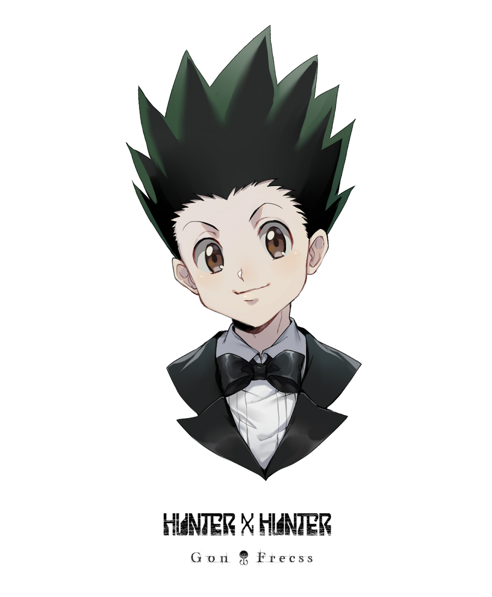 1boy black_hair black_jacket black_neckwear bow bowtie brown_eyes character_name closed_mouth collared_shirt copyright_name cropped_torso ekita_xuan gon_freecss hunter_x_hunter jacket looking_at_viewer male_focus portrait shirt simple_background smile solo spiky_hair tuxedo white_background white_shirt wing_collar