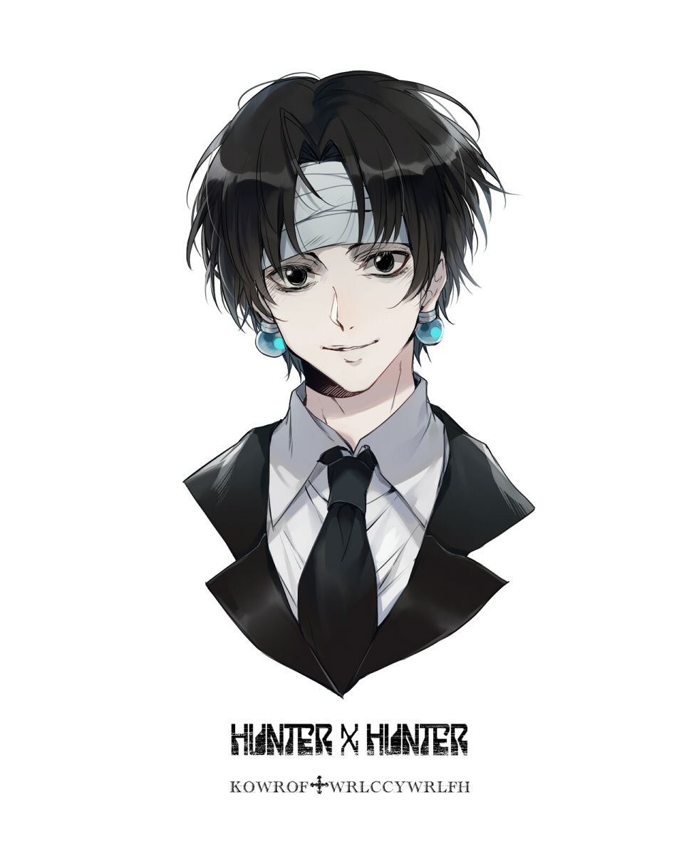 1boy bandage bandaged_head black_eyes black_hair black_jacket black_neckwear character_name chrollo_lucilfer closed_mouth collared_shirt copyright_name cropped_torso earrings ekita_xuan hunter_x_hunter jacket jewelry male_focus necktie pearl_earrings portrait shirt simple_background smile solo tuxedo white_background white_shirt wing_collar