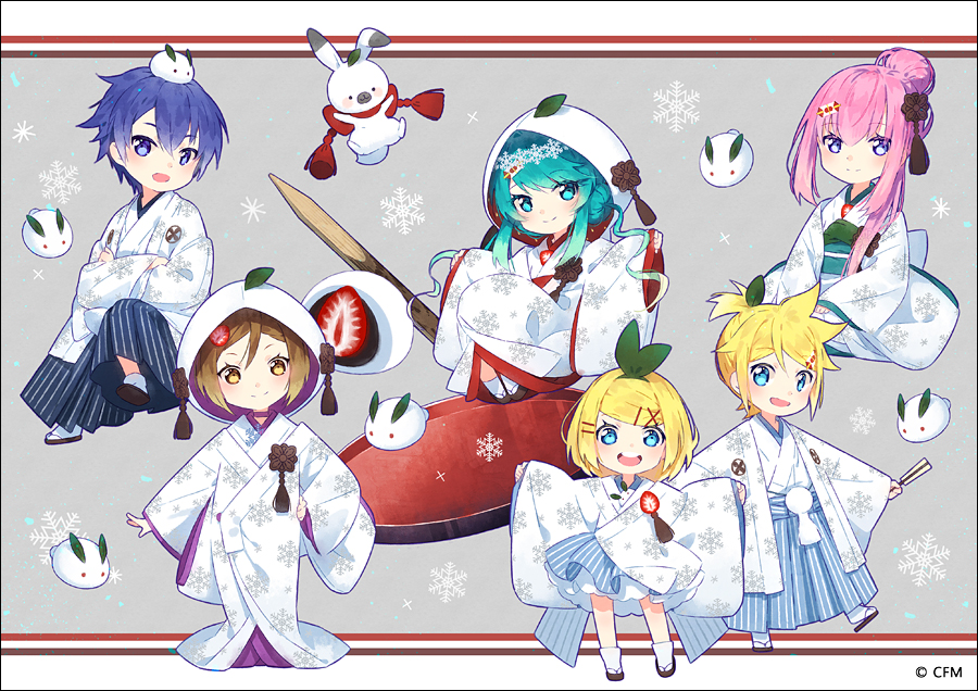 2boys 4girls :d aqua_eyes aqua_hair blonde_hair blue_eyes blue_hair brown_eyes brown_hair chibi copyright hair_bun hair_ornament hakama hakusai_(tiahszld) hatsune_miku japanese_clothes kagamine_len kagamine_rin kaito kimono long_hair looking_at_viewer megurine_luka meiko multiple_boys multiple_girls open_mouth purple_hair rabbit short_hair smile snow_bunny snowflakes violet_eyes vocaloid yuki_miku yukimi_daifuku_(food)