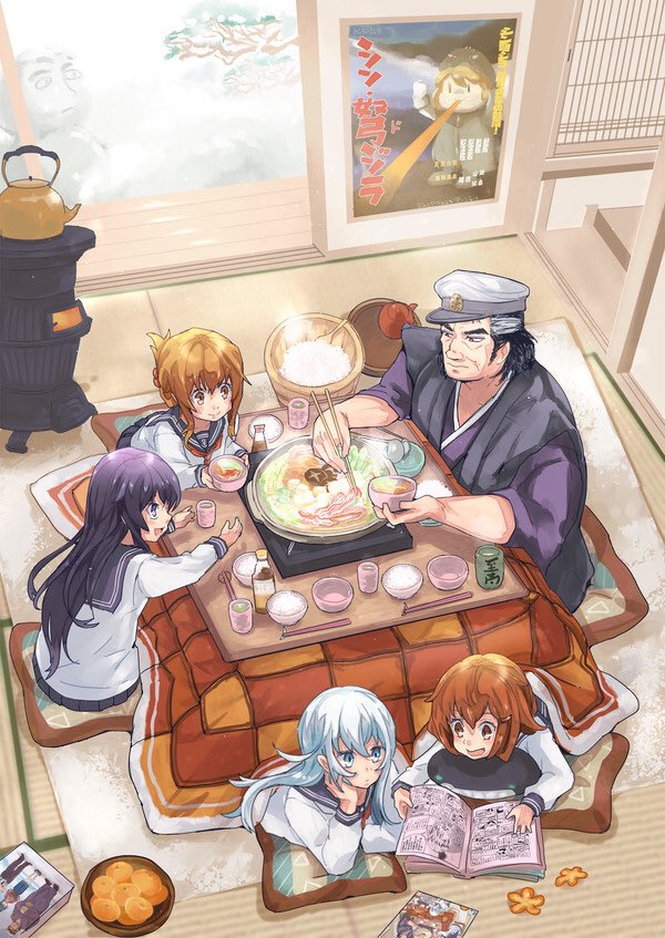 1boy 5girls akatsuki_(kantai_collection) blue_eyes blue_hair brown_eyes brown_hair cup folded_ponytail food fruit hair_ornament hairclip hat hibiki_(kantai_collection) holding_chopsticks houshou_(kantai_collection) ikazuchi_(kantai_collection) inazuma_(kantai_collection) indoors japanese_clothes kaibara_yuzan kantai_collection kettle kimono kotatsu long_hair mandarin_orange multiple_girls nabe namaashi_(user_fuga4235) oishinbo peaked_cap purple_hair school_uniform serafuku shin_godzilla table tatami yunomi