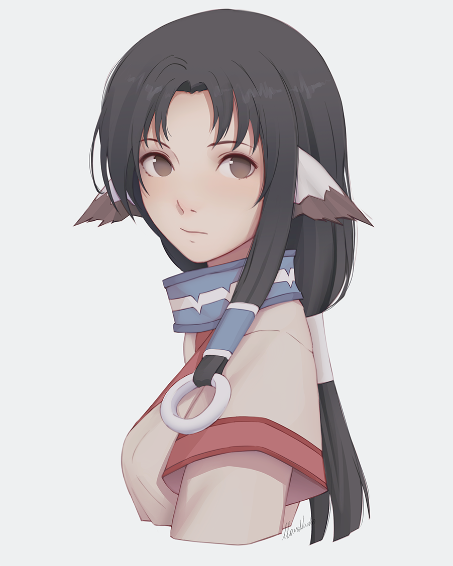 1girl animal_ears bangs blush brown_eyes closed_mouth dog_ears eruruw expressionless from_side grey_background japanese_clothes layered_sleeves long_hair looking_at_viewer looking_to_the_side low-tied_long_hair low_ponytail miura-n315 no_pupils parted_bangs signature simple_background solo upper_body utawareru_mono utawareru_mono:_itsuwari_no_kamen