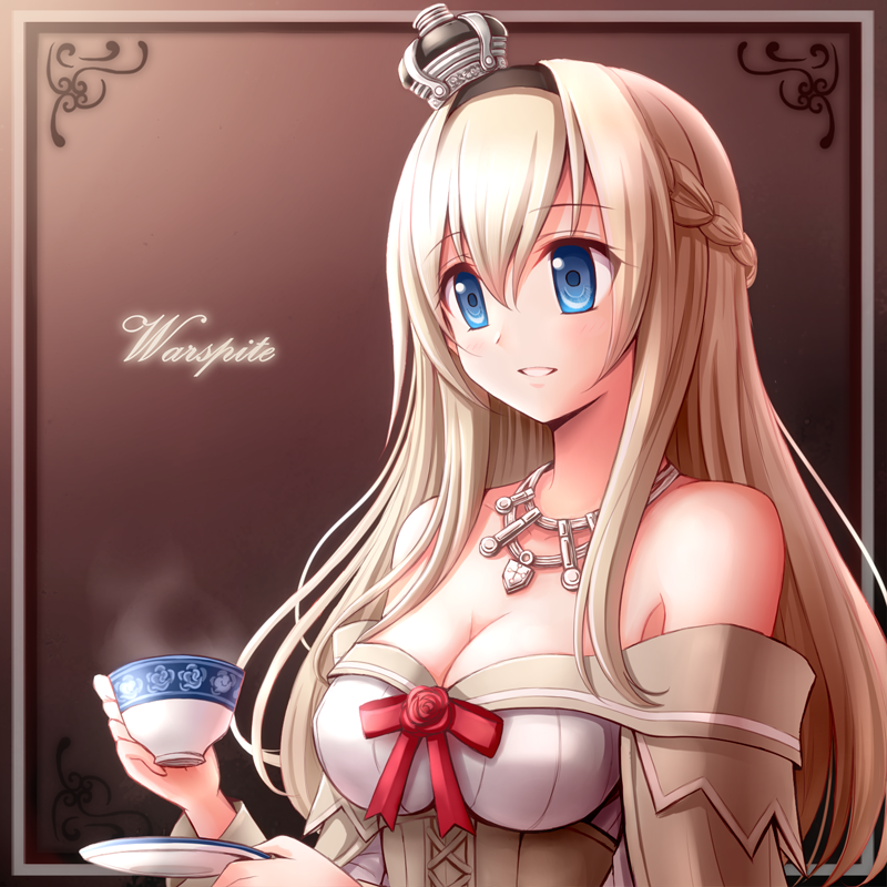 1girl blue_eyes braid breasts brown_background character_name cleavage corset crown cup dress flower french_braid hairband jewelry kantai_collection light_brown_hair long_hair long_sleeves medium_breasts mini_crown necklace off-shoulder_dress off_shoulder parted_lips red_ribbon red_rose revision ribbon rizuriri rose saucer smile solo steam teacup upper_body warspite_(kantai_collection) white_dress