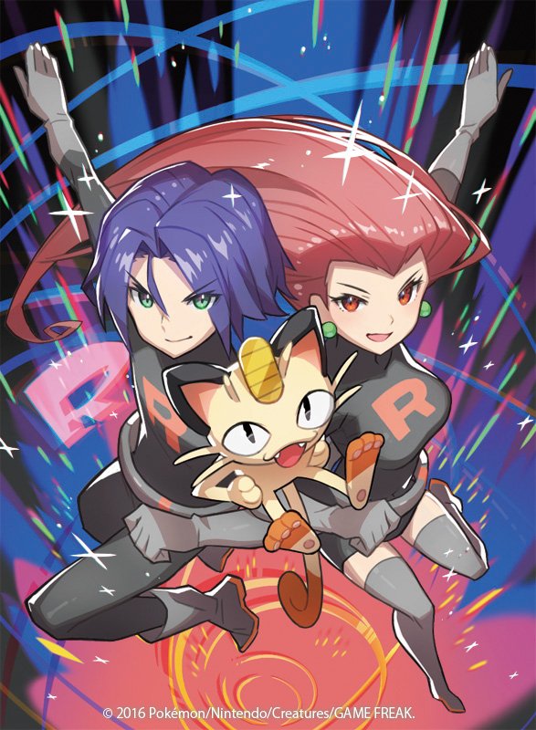 1boy 1girl 2016 green_eyes kojirou_(pokemon) meowth musashi_(pokemon) official_art pokemon pokemon_(anime) pokemon_(creature) pokemon_trading_card_game purple_hair red_eyes redhead saitou_naoki team_rocket team_rocket_grunt team_rocket_uniform trading_card watermark