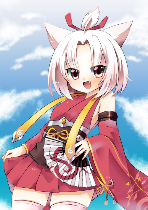 1girl :d animal_ears animal_print azur_lane bangs bare_shoulders blue_sky breasts butterfly_print cat_ears clouds cloudy_sky day detached_sleeves dot_nose eyebrows eyebrows_visible_through_hair facing_away fan fang folding_fan from_side hair_intakes hair_ribbon haori holding holding_fan japanese_clothes legs_apart lifted_by_self long_sleeves looking_at_viewer miniskirt one_side_up open_mouth outdoors pink_eyes pink_legwear pleated_skirt red_ribbon red_skirt ribbon shouhou_(azur_lane) skindentation skirt skirt_lift sky sleeves_past_wrists small_breasts smile solo thigh-highs tongue tsurime white_hair wide_sleeves yellow_ribbon yukemuri_(pixiv13311422) zettai_ryouiki