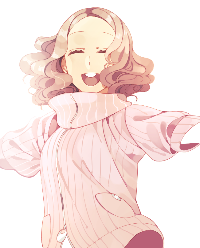 1girl brown_hair buck_teeth closed_eyes commentary_request medama_p5 okumura_haru open_mouth outstretched_arms persona persona_5 pink_sweater ribbed_sweater solo sweater teeth zipper