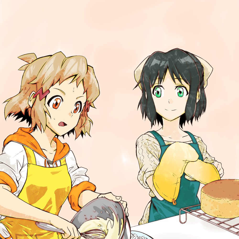 2girls apron aqua_apron baking black_hair bowl cake casual closed_mouth collarbone cooking female food friends green_eyes hair_ornament hair_ribbon hairclip highres hoodie kitchen kohinata_miku light_brown_hair looking_at_another looking_down mittens multiple_girls neck open_mouth orange_eyes pink_background ribbon senki_zesshou_symphogear short_hair short_sleeves side-by-side simple_background smile sweat tachibana_hibiki_(symphogear) white_ribbon yellow_apron