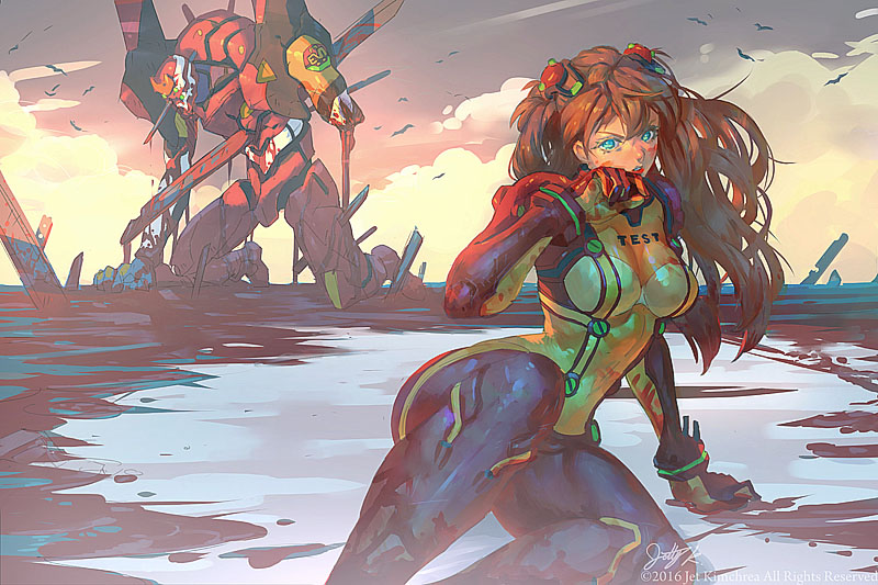 1girl blood blood_on_face blue_eyes bodysuit breasts brown_hair commentary eva_02 evangelion:_2.0_you_can_(not)_advance hairpods impaled jet_kimchrea long_hair mecha medium_breasts multicolored multicolored_bodysuit multicolored_clothes neon_genesis_evangelion orange_bodysuit pilot_suit plugsuit pool_of_blood rebuild_of_evangelion red_bodysuit skin_tight solo_focus souryuu_asuka_langley test_plugsuit