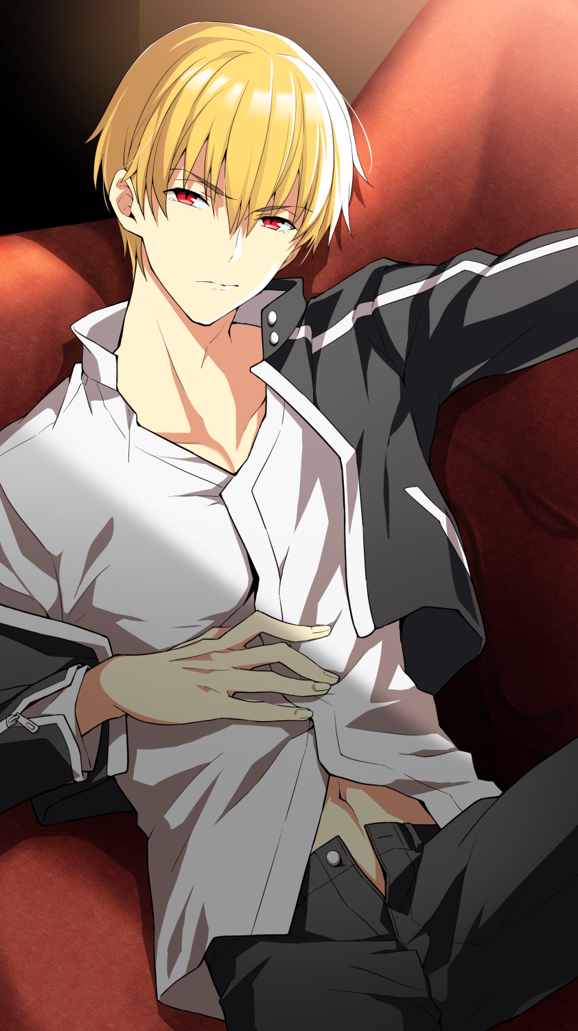 1boy 92_(artist) bangs black_jacket black_pants blonde_hair closed_mouth couch eyebrows_visible_through_hair fate/grand_order fate/stay_night fate_(series) gilgamesh hair_between_eyes highres jacket long_sleeves looking_at_viewer male_focus navel off_shoulder pants reclining red_eyes shirt solo white_shirt